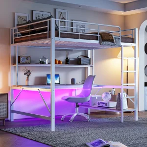 Hoogslaper 140×200 cm met USB- en LED-verlichting, planken en bureau, wit – zonder matras Hoogslaper 140×200 cm met USB- en LED-verlichting, planken en bureau, wit – zonder matras