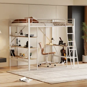 Hoogslaper 90×200 cm met bureau en 3 opbergplanken, wit – zonder matras