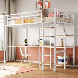 Hoogslaper 90×200 cm met bureau en planken, wit – zonder matras