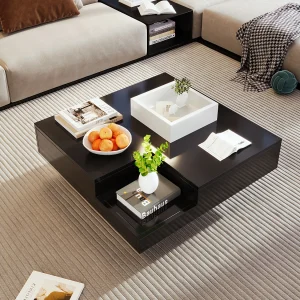 Hoogglans salontafel met LED, bijzettafel met afneembare opbergbox, kleurblok wit en zwart, 72×72×30 cm Hoogglans salontafel met LED, bijzettafel met afneembare opbergbox, kleurblok wit en zwart, 72×72×30 cm