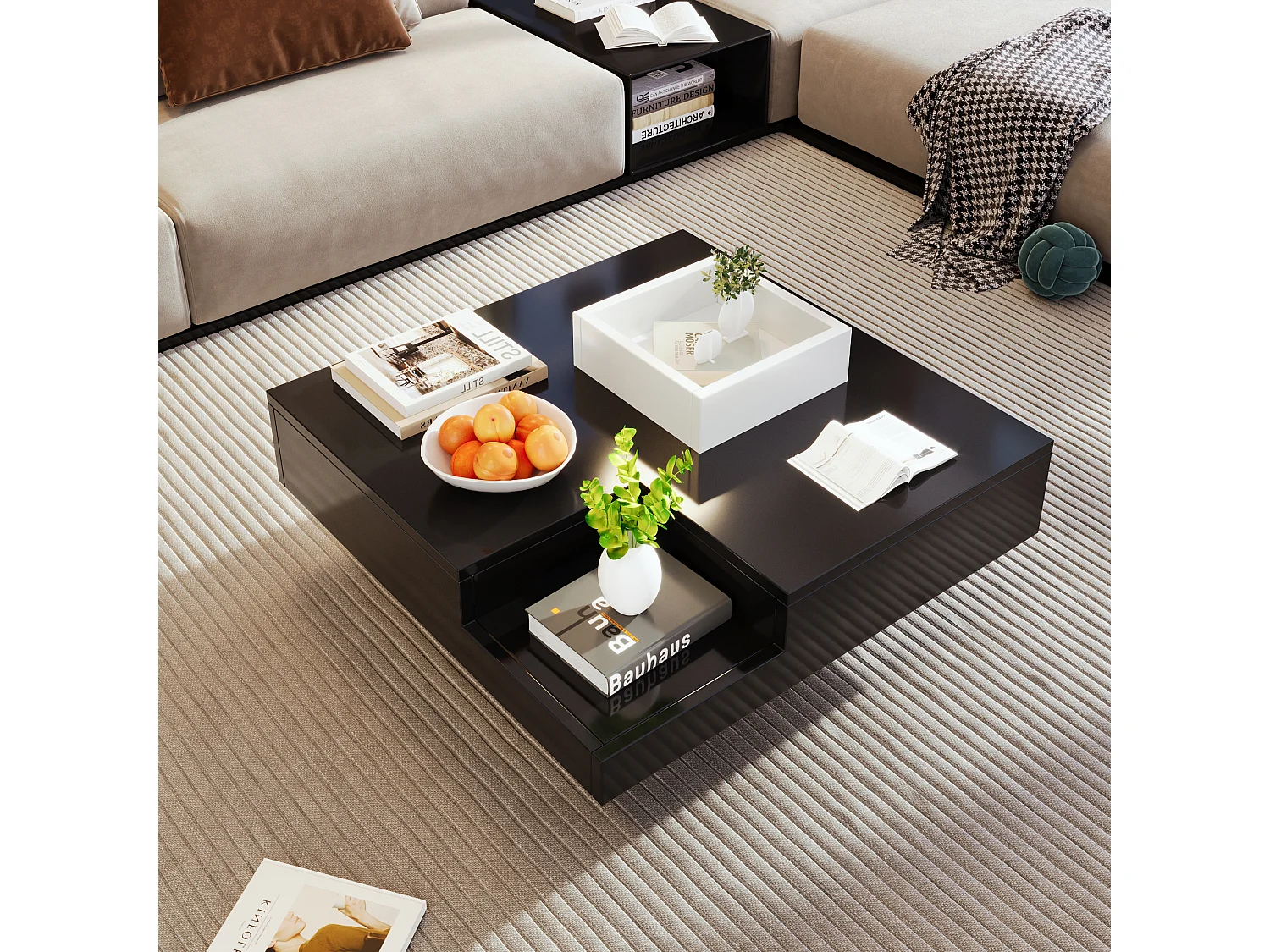 Hoogglans salontafel met LED, bijzettafel met afneembare opbergbox, kleurblok wit en zwart, 72×72×30 cm