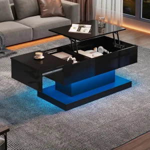 Hoogglans salontafel met hydraulische lift, LED-verlichting, opbergruimte, verstelbaar blad en schuiffunctie, modulair ontwerp. Hoogglans salontafel met hydraulische lift, LED-verlichting, opbergruimte, verstelbaar blad en schuiffunctie, modulair ontwerp.