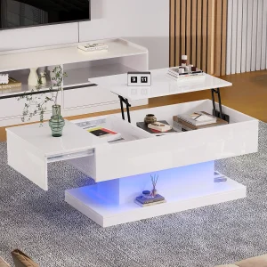 Hoogglans salontafel met hydraulische lift en LED-verlichting – Halfverheven tafelblad en zijwaarts verschuifbaar ontwerp Hoogglans salontafel met hydraulische lift en LED-verlichting – Halfverheven tafelblad en zijwaarts verschuifbaar ontwerp