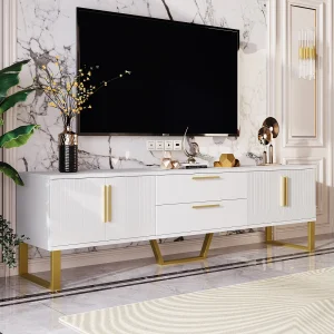 Hoogglans TV-meubel, Gouden Handgrepen en Poten, Deur met Gegraveerde Textuur, Woonkamer Opbergruimte, Elegantie Luxe Functionaliteit Hoogglans TV-meubel, Gouden Handgrepen en Poten, Deur met Gegraveerde Textuur, Woonkamer Opbergruimte, Elegantie Luxe Functionaliteit