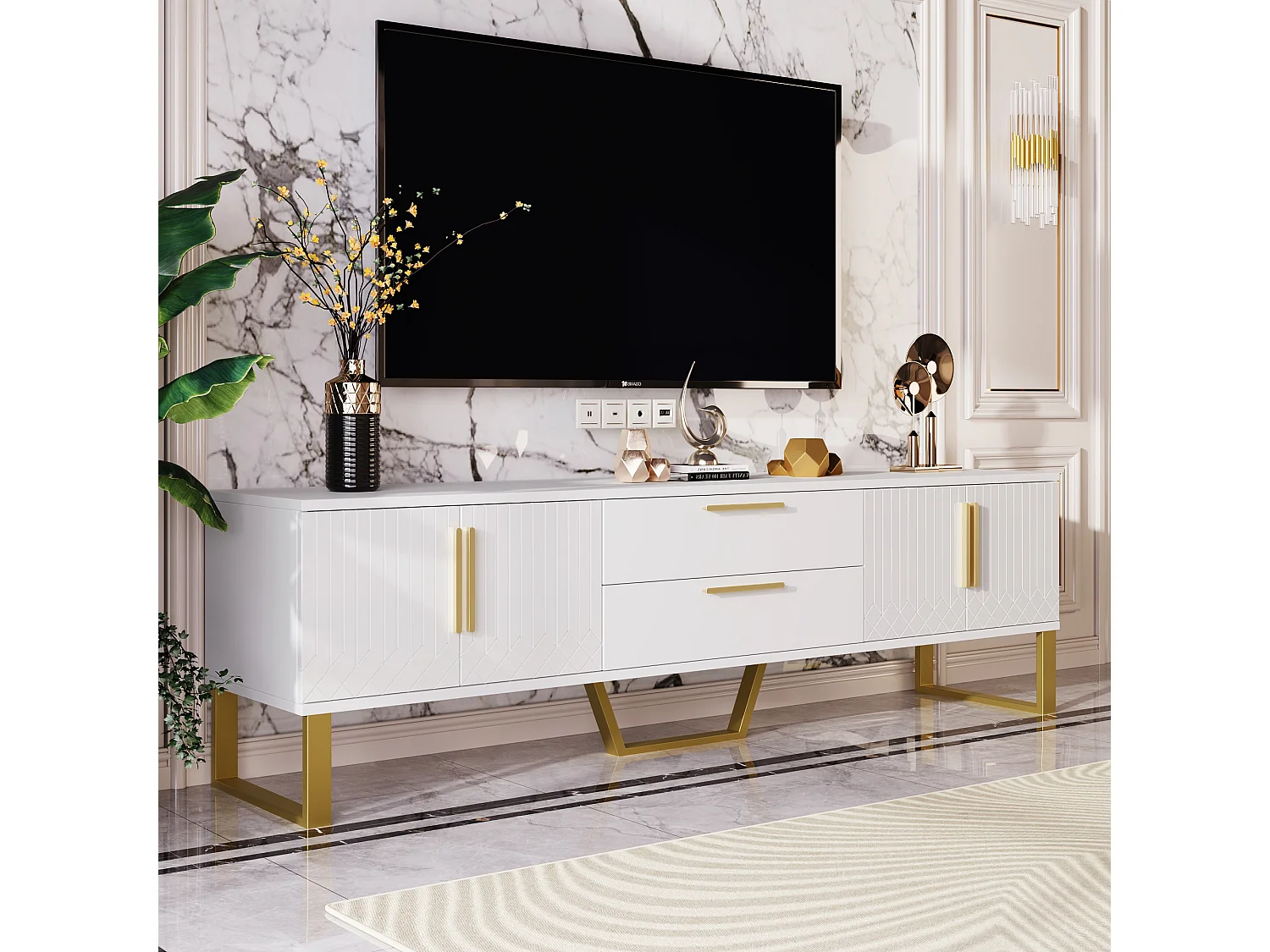 Hoogglans TV-meubel, Gouden Handgrepen en Poten, Deur met Gegraveerde Textuur, Woonkamer Opbergruimte, Elegantie Luxe Functionaliteit