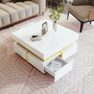 Hoogglans salontafel met lades en gouden accenten, moderne bijzettafel voor woonkamer Hoogglans salontafel met lades en gouden accenten, moderne bijzettafel voor woonkamer