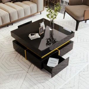 Hoogglans salontafel met lades en gouden accenten, moderne bijzettafel voor woonkamer Hoogglans salontafel met lades en gouden accenten, moderne bijzettafel voor woonkamer