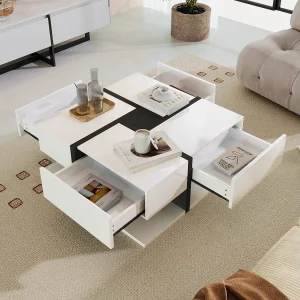 Hoogglans salontafel 78x78x36 cm met 4 lades, uniek lijnontwerp en extra opbergruimte onderaan Hoogglans salontafel 78x78x36 cm met 4 lades, uniek lijnontwerp en extra opbergruimte onderaan