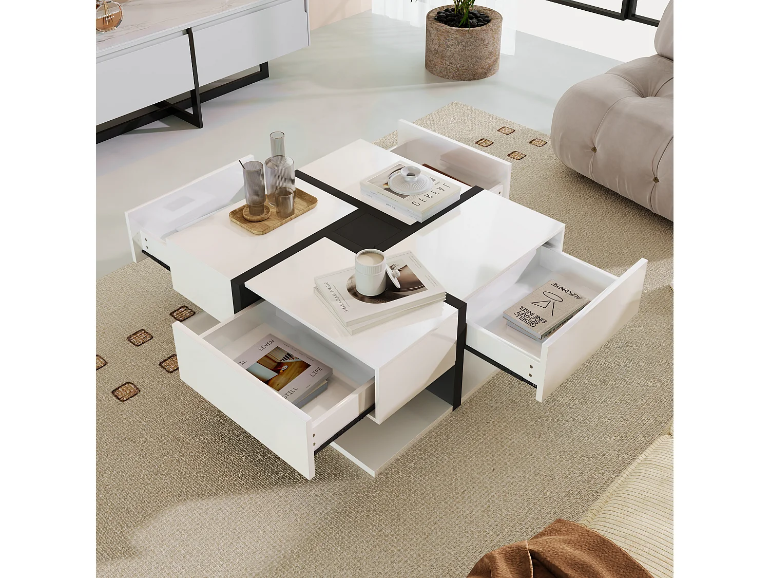 Hoogglans salontafel 78x78x36 cm met 4 lades, uniek lijnontwerp en extra opbergruimte onderaan