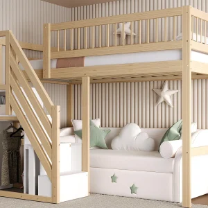 Mezzanine bed 90x200cm – met trap met opbergruimte – massief hout + multiplex + MDF – Natuur Mezzanine bed 90x200cm – met trap met opbergruimte – massief hout + multiplex + MDF – Natuur