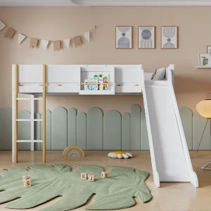 Hoogslaper kind 90×200 cm met glijbaan en lattenbodem, wit – zonder matras Hoogslaper kind 90×200 cm met glijbaan en lattenbodem, wit – zonder matras