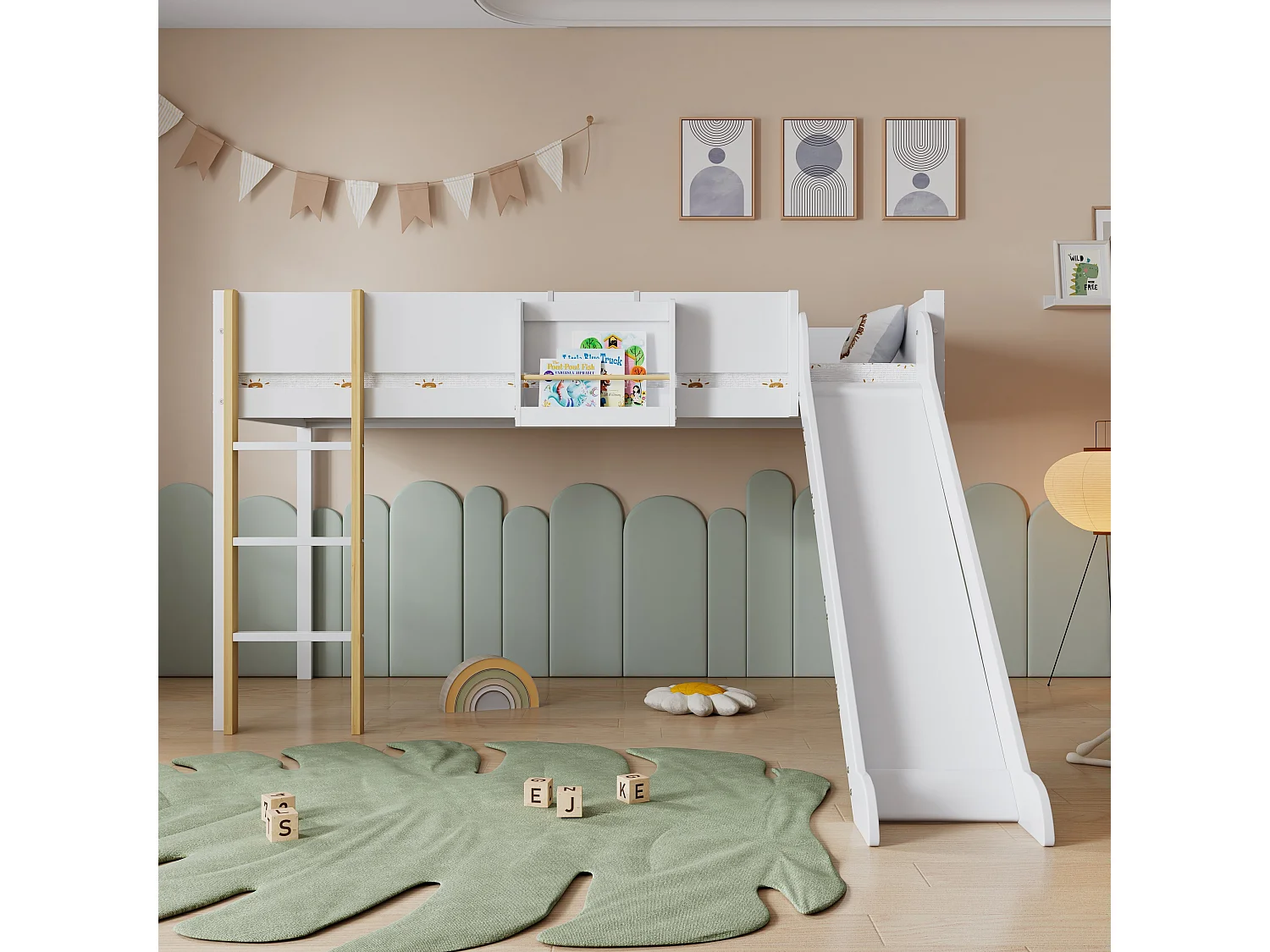 Hoogslaper kind 90x200 cm met glijbaan en lattenbodem, wit - zonder matras