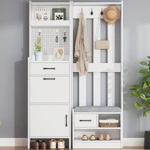 Inkomhal garderobeset 110x35x175.5 cm – Schoenmeubel en schoenbank – haken en geperforeerd paneel – Wit Inkomhal garderobeset 110x35x175.5 cm – Schoenmeubel en schoenbank – haken en geperforeerd paneel – Wit