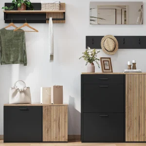 Inkomhal garderobeset – 2 schoenmeubels – kledingstang en 4 haken – Spiegel – Natuur + Zwart Inkomhal garderobeset – 2 schoenmeubels – kledingstang en 4 haken – Spiegel – Natuur + Zwart
