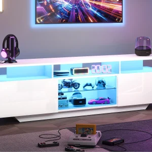 Hoogglans TV-meubel 160x40x45cm – met 2 deuren en 8 planken – met LED-verlichting – MDF – Wit Hoogglans TV-meubel 160x40x45cm – met 2 deuren en 8 planken – met LED-verlichting – MDF – Wit