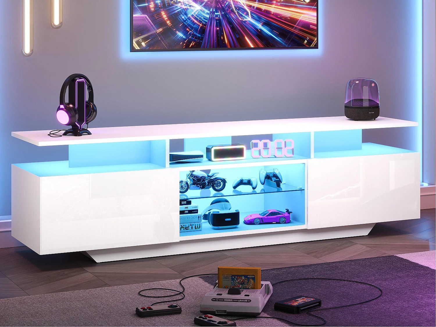 Hoogglans TV-meubel 160x40x45cm - met 2 deuren en 8 planken - met LED-verlichting - MDF - Wit