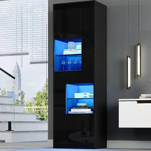 Hoogglans vitrine 55x38x170 cm – 1 lade en 4 deuren – met LED-verlichting – Zwart