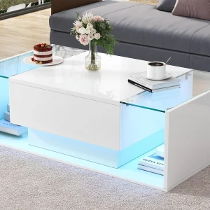 Hoogglans salontafel 100x50x31 cm – 1 lade – met LED-verlichting – Gehard glas – Wit Hoogglans salontafel 100x50x31 cm – 1 lade – met LED-verlichting – Gehard glas – Wit