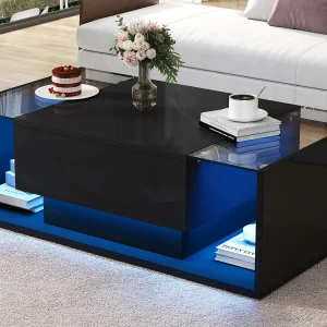 Hoogglans salontafel 100x50x31 cm – 1 lade – met LED-verlichting – Gehard glas – Zwart Hoogglans salontafel 100x50x31 cm – 1 lade – met LED-verlichting – Gehard glas – Zwart