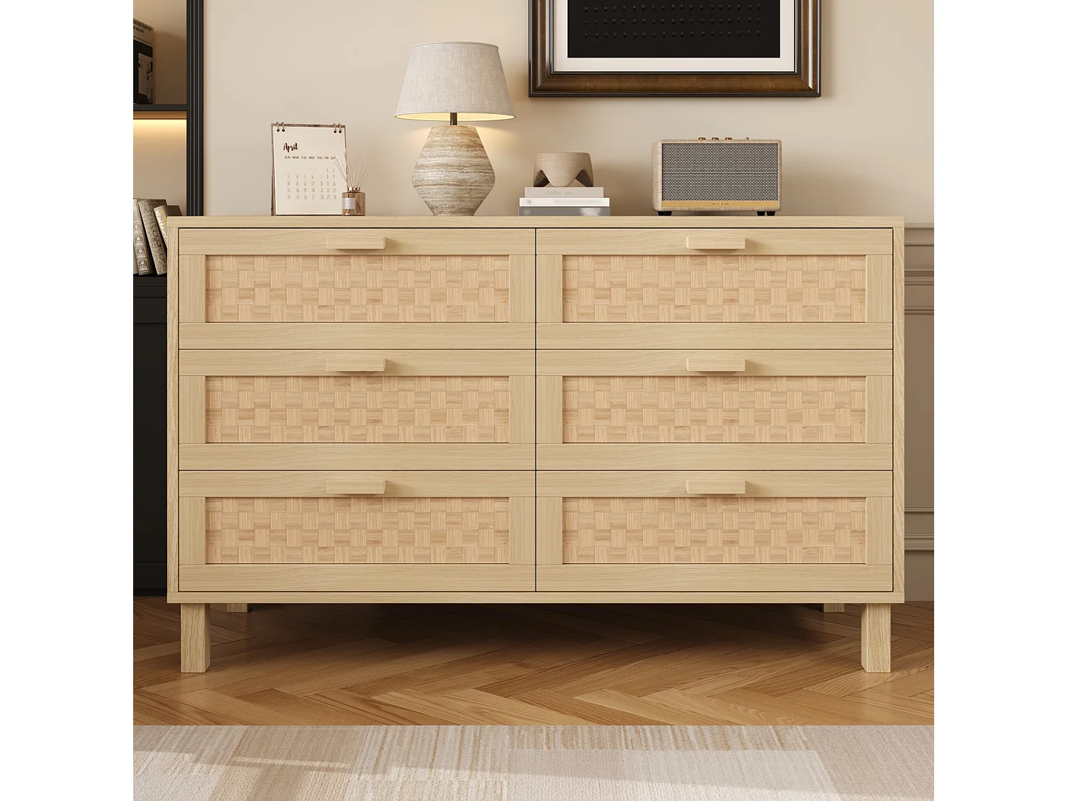 Houten dressoir met 6 rotan lades, opbergruimte voor woonkamer, slaapkamer en eetkamer, 120x75x40cm