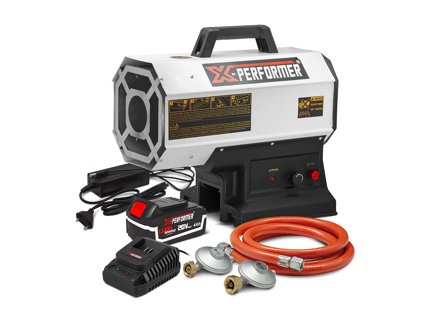 Hybride gasverwarmer X-Performer 20V/230V - 9 tot 20 kW - met 4Ah batterij en 2H snellader