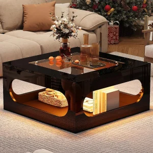 Hoogglans salontafel 70x70x35 cm – met LED-verlichting – Blad van gehard glas – MDF – Zwart Hoogglans salontafel 70x70x35 cm – met LED-verlichting – Blad van gehard glas – MDF – Zwart