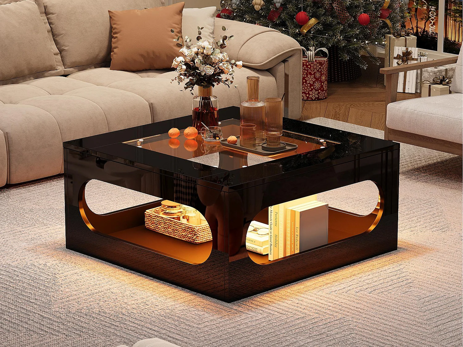 Hoogglans salontafel 70x70x35 cm - met LED-verlichting - Blad van gehard glas - MDF - Zwart