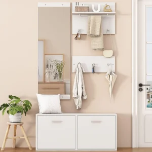 Inkomhal garderobeset 90x30x41.5 cm – met 2 wandkapstokken – Schoenmeubel – met spiegel en 6 haken – Wit Inkomhal garderobeset 90x30x41.5 cm – met 2 wandkapstokken – Schoenmeubel – met spiegel en 6 haken – Wit