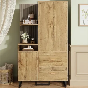 Inkomhal garderobeset 110x38x186 cm – 3 deuren en 2 lades – kledingkast met kledingstang – Gestoopt paneel – Natuur Inkomhal garderobeset 110x38x186 cm – 3 deuren en 2 lades – kledingkast met kledingstang – Gestoopt paneel – Natuur