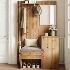 Inkomhal garderobeset 115x37x185 cm – met spiegel en haken – met gestoffeerd zitje – Paraplubak – Natuur Inkomhal garderobeset 115x37x185 cm – met spiegel en haken – met gestoffeerd zitje – Paraplubak – Natuur