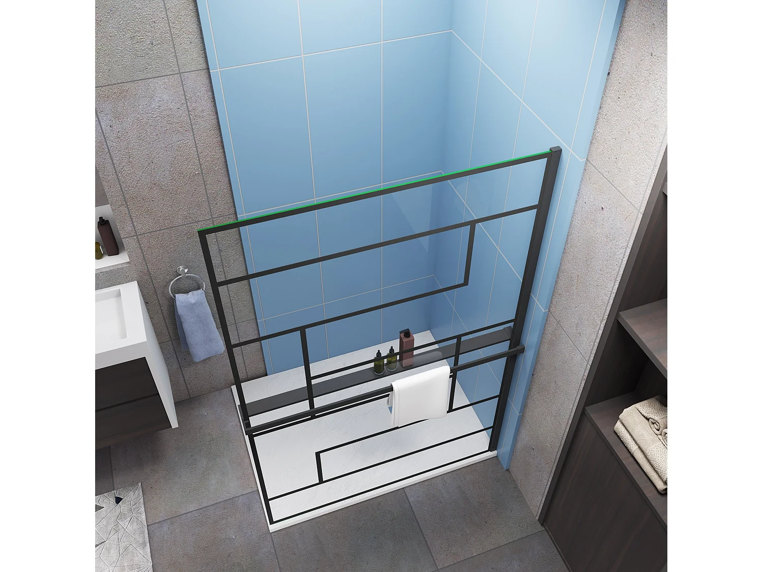 Industriële inloopdouchewand 120x200cm-onregelmatig blokpatroon-8mm easy clean glas-planchet-mat zwart