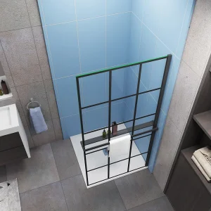Industriële inloopdouchewand 80x200cm-Regelmatig blokpatroon-8mm easy clean glas-planchet-zwart Industriële inloopdouchewand 80x200cm-Regelmatig blokpatroon-8mm easy clean glas-planchet-zwart