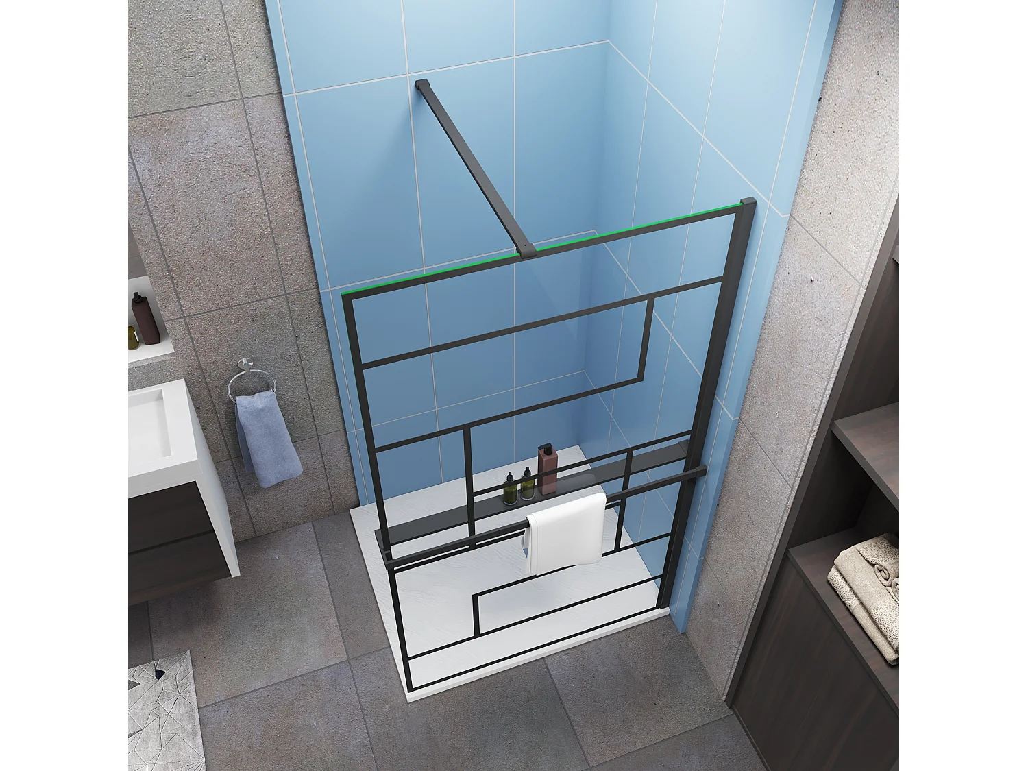 Industriële inloopdouchewand 140x200cm-onregelmatig blokpatroon-8mm easy clean glas-planchet-N-stabilisatiestang 90cm-Snijbaar-mat zwart