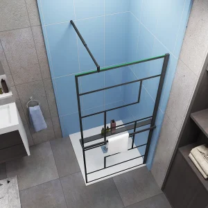 Industriële inloopdouchewand 90x200cm-onregelmatig blokpatroon-8mm easy clean glas-planchet-Stabilisatiestangen 70-120cm-mat zwart Industriële inloopdouchewand 90x200cm-onregelmatig blokpatroon-8mm easy clean glas-planchet-Stabilisatiestangen 70-120cm-mat zwart