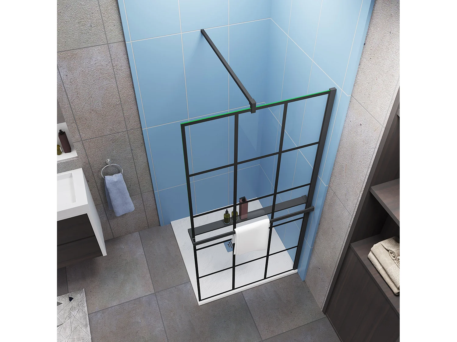 Industriële inloopdouchewand 90x200cm-Regelmatig blokpatroon-8mm easy clean glas-planchet-F-stabilisatiestang 90cm-Snijbaar-mat zwart