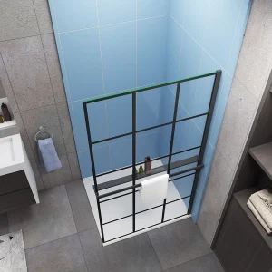 Industriële inloopdouchewand 100x200cm-Regelmatig blokpatroon-8mm easy clean glas-planchet-zwart Industriële inloopdouchewand 100x200cm-Regelmatig blokpatroon-8mm easy clean glas-planchet-zwart