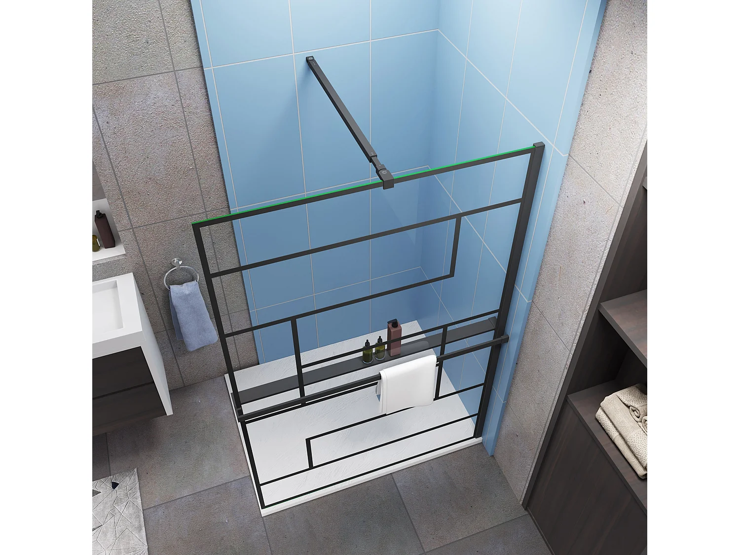 Industriële inloopdouchewand 120x200cm-onregelmatig blokpatroon-8mm easy clean glas-planchet-Stabilisatiestangen 73-120cm-mat zwart
