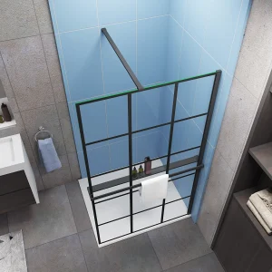 Industriële inloopdouchewand 100x200cm-Regelmatig blokpatroon-8mm easy clean glas-planchet-N-stabilisatiestang 140cm-Snijbaar-mat zwart Industriële inloopdouchewand 100x200cm-Regelmatig blokpatroon-8mm easy clean glas-planchet-N-stabilisatiestang 140cm-Snijbaar-mat zwart