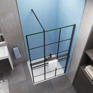 Industriële inloopdouchewand 100x200cm-Regelmatig blokpatroon-8mm easy clean glas-planchet-Stabilisatiestangen 70-120cm-mat zwart Industriële inloopdouchewand 100x200cm-Regelmatig blokpatroon-8mm easy clean glas-planchet-Stabilisatiestangen 70-120cm-mat zwart