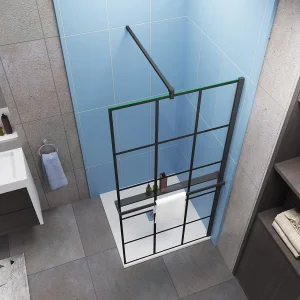 Industriële inloopdouchewand 80x200cm-Regelmatig blokpatroon-8mm easy clean glas-planchet-F-stabilisatiestang 90cm-Snijbaar-mat zwart Industriële inloopdouchewand 80x200cm-Regelmatig blokpatroon-8mm easy clean glas-planchet-F-stabilisatiestang 90cm-Snijbaar-mat zwart