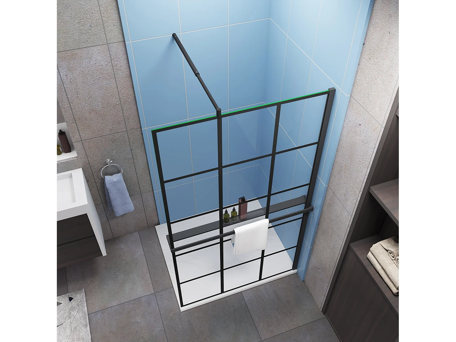 Industriële inloopdouchewand 120x200cm-Regelmatig blokpatroon-8mm easy clean glas-planchet-Stabilisatiestangen 70-120cm-mat zwart
