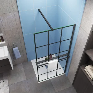 Industriële inloopdouchewand 80x200cm-Regelmatig blokpatroon-8mm easy clean glas-planchet-Stabilisatiestangen 73-120cm-mat zwart Industriële inloopdouchewand 80x200cm-Regelmatig blokpatroon-8mm easy clean glas-planchet-Stabilisatiestangen 73-120cm-mat zwart