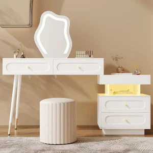 Kaptafel met spiegel 140x40x130 cm – met LED-verlichting – met 4 laden en 1 open opbergvak – Wit (Zonder kruk)