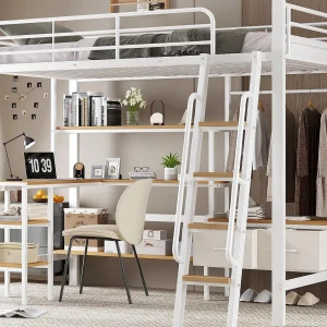 Hoge bed 90×200 cm – met bureau en opbergplank – met kleerhanger en 2 opbergdozen – Metaal + MDF – Wit + Natuur Hoge bed 90×200 cm – met bureau en opbergplank – met kleerhanger en 2 opbergdozen – Metaal + MDF – Wit + Natuur