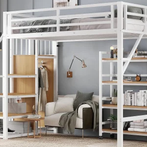 Hoge bed 90×200 cm – met opbergplank en wieltjes – met kleerhanger en ladder – Metaal + MDF – Wit + Natuur Hoge bed 90×200 cm – met opbergplank en wieltjes – met kleerhanger en ladder – Metaal + MDF – Wit + Natuur