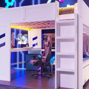 Hoge bed 140×200 cm – met bureau – met LED-verlichting – met 1 USB-poort – met ladder + lade + wasrek – Wit