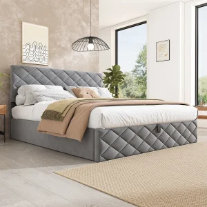 Hydraulisch bed met lattenbodem en opbergruimte, 140×200 cm, grijs, eenvoudig en elegant ontwerp
