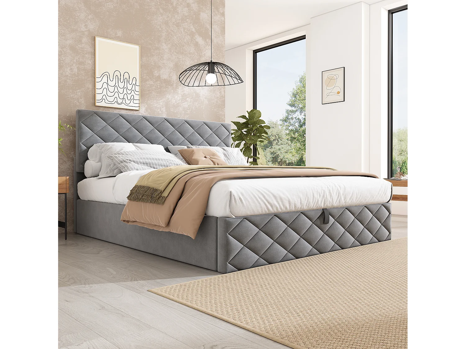 Hydraulisch bed met lattenbodem en opbergruimte, 140×200 cm, grijs, eenvoudig en elegant ontwerp