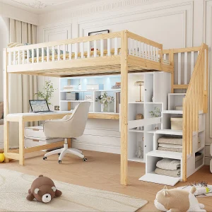 Hoogslaper 140×200 cm, met LED, opbergladder, planken, lades, bureau, MDF en grenen, wit en naturel (251x145x161 cm)
