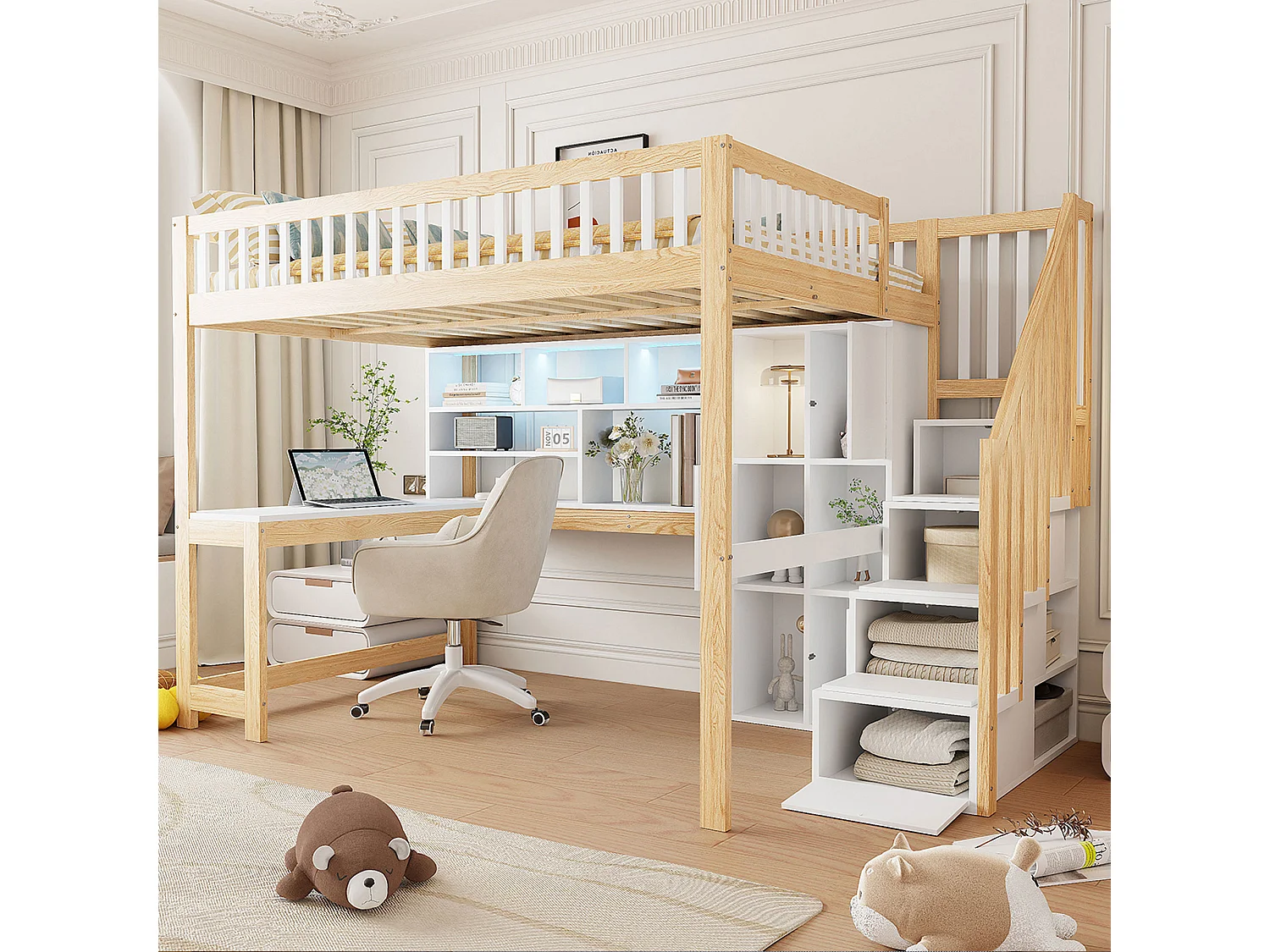 Hoogslaper 140x200 cm, met LED, opbergladder, planken, lades, bureau, MDF en grenen, wit en naturel (251x145x161 cm)